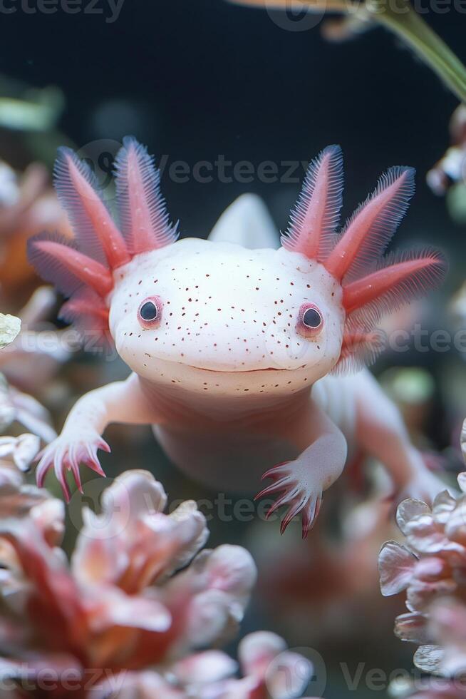 Pink axolotl is swimming underwater near colorful plants photo