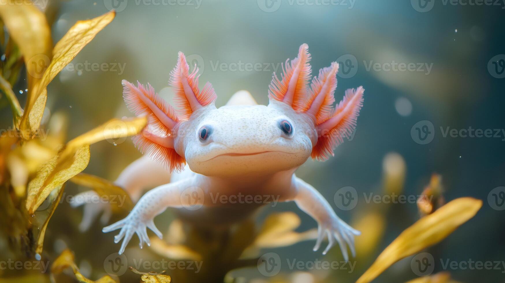 White axolotl with pink gills swimming underwater near seaweed photo