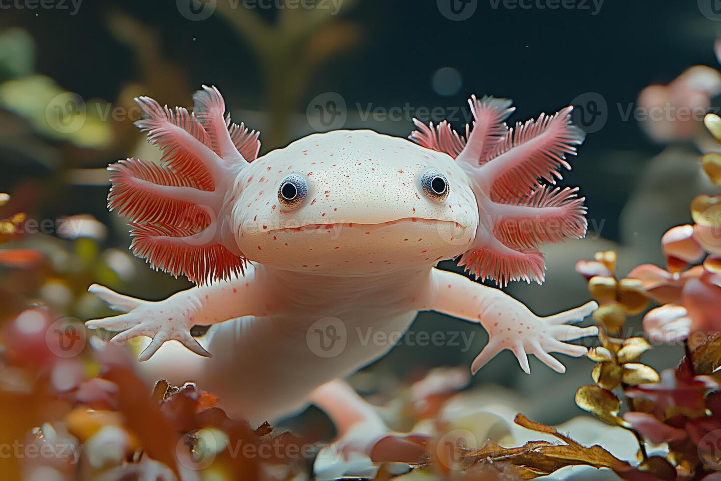 Pink axolotl swimming underwater near algae photo