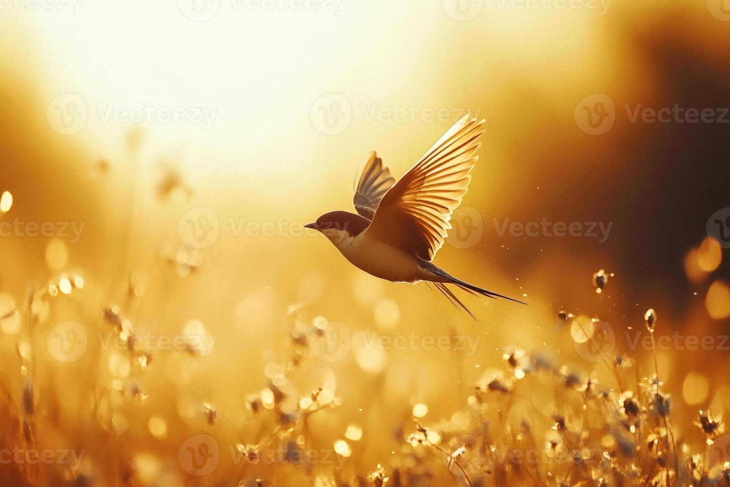 Bird flying over meadow at golden hour sunset photo