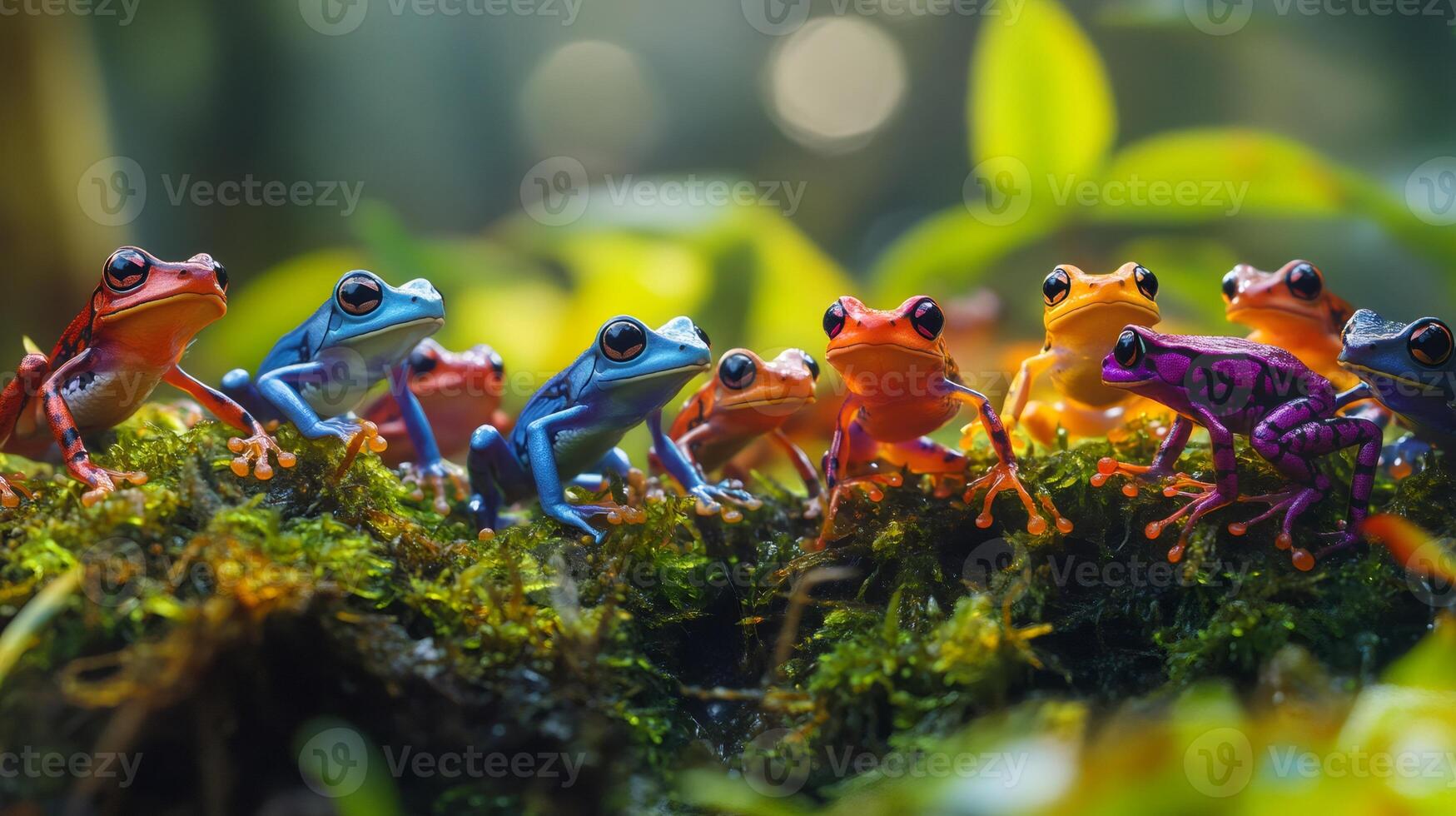 Poison dart frogs posing on mossy surface photo