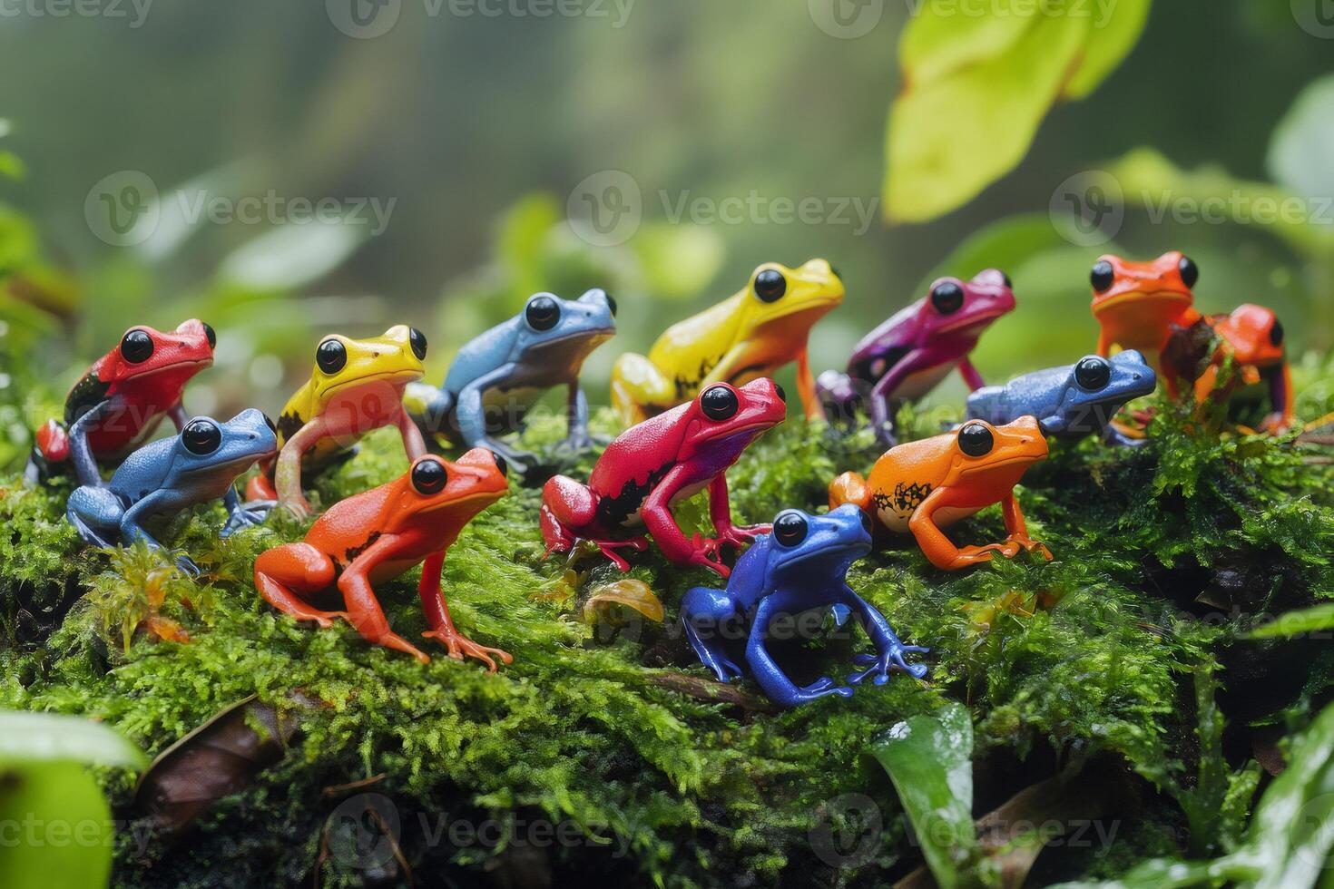 Colorful poison dart frogs gathering in lush rainforest habitat photo