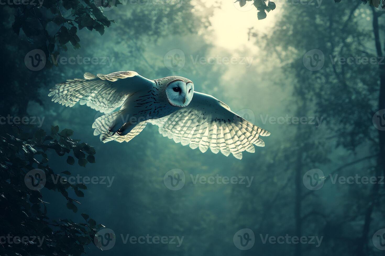 Majestic owl gliding through enchanted forest at twilight photo