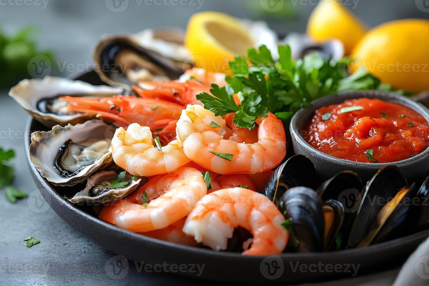 Fresh seafood platter is being garnished with parsley and lemon wedges photo