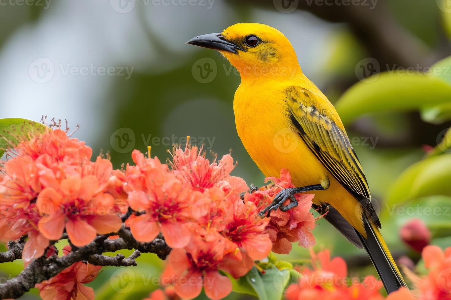 Golden oriole perched on flowering branch vibrant colors of nature photo