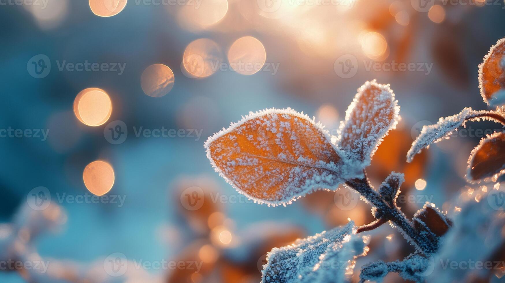 Frozen leaves glowing in winter sunset with bokeh effect photo
