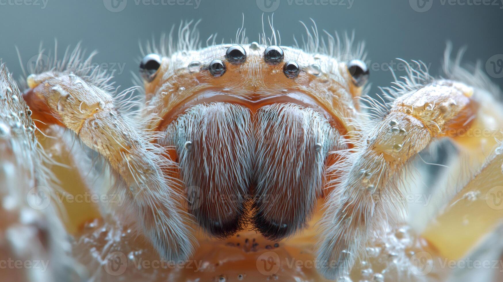 Jumping spider covered with water droplets showing fangs and eyes photo