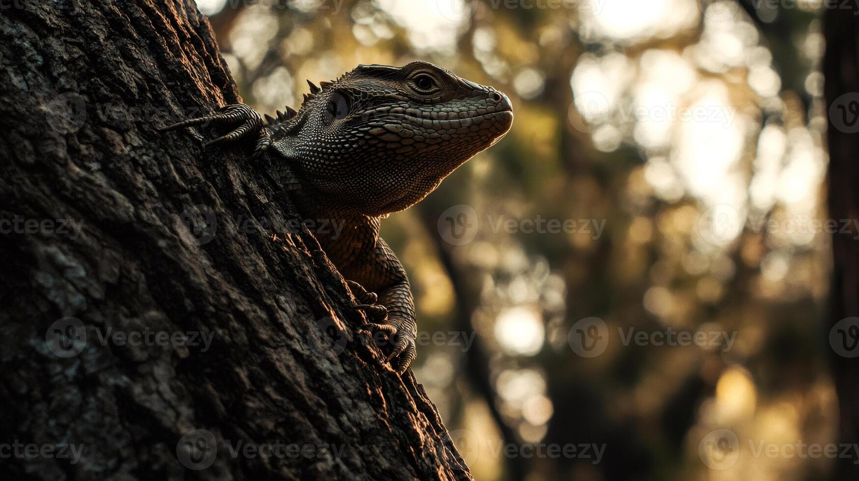 Australian water dragon climbing tree in natural habitat photo