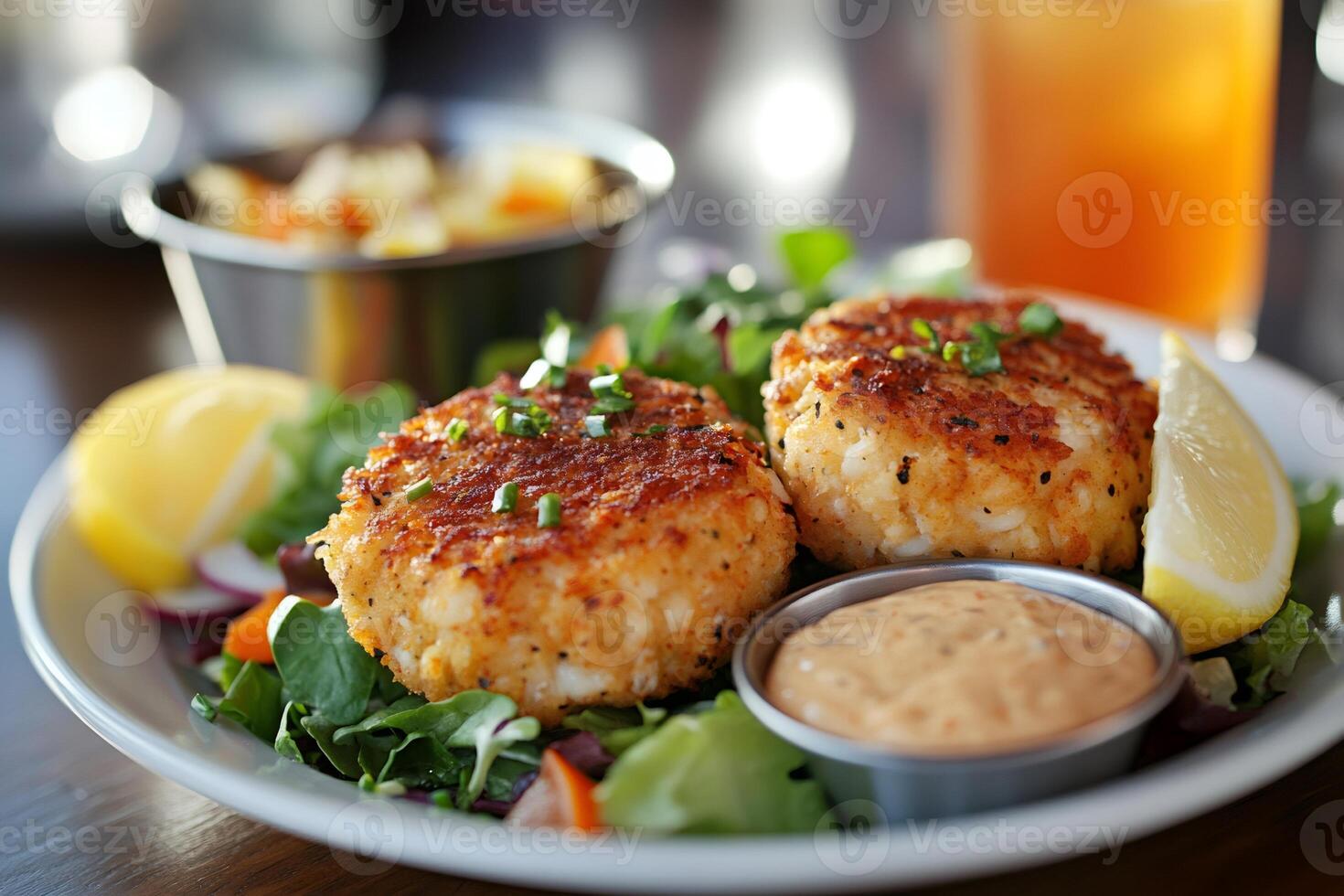 Delicious crab cakes served on bed of greens with dipping sauce and lemon photo