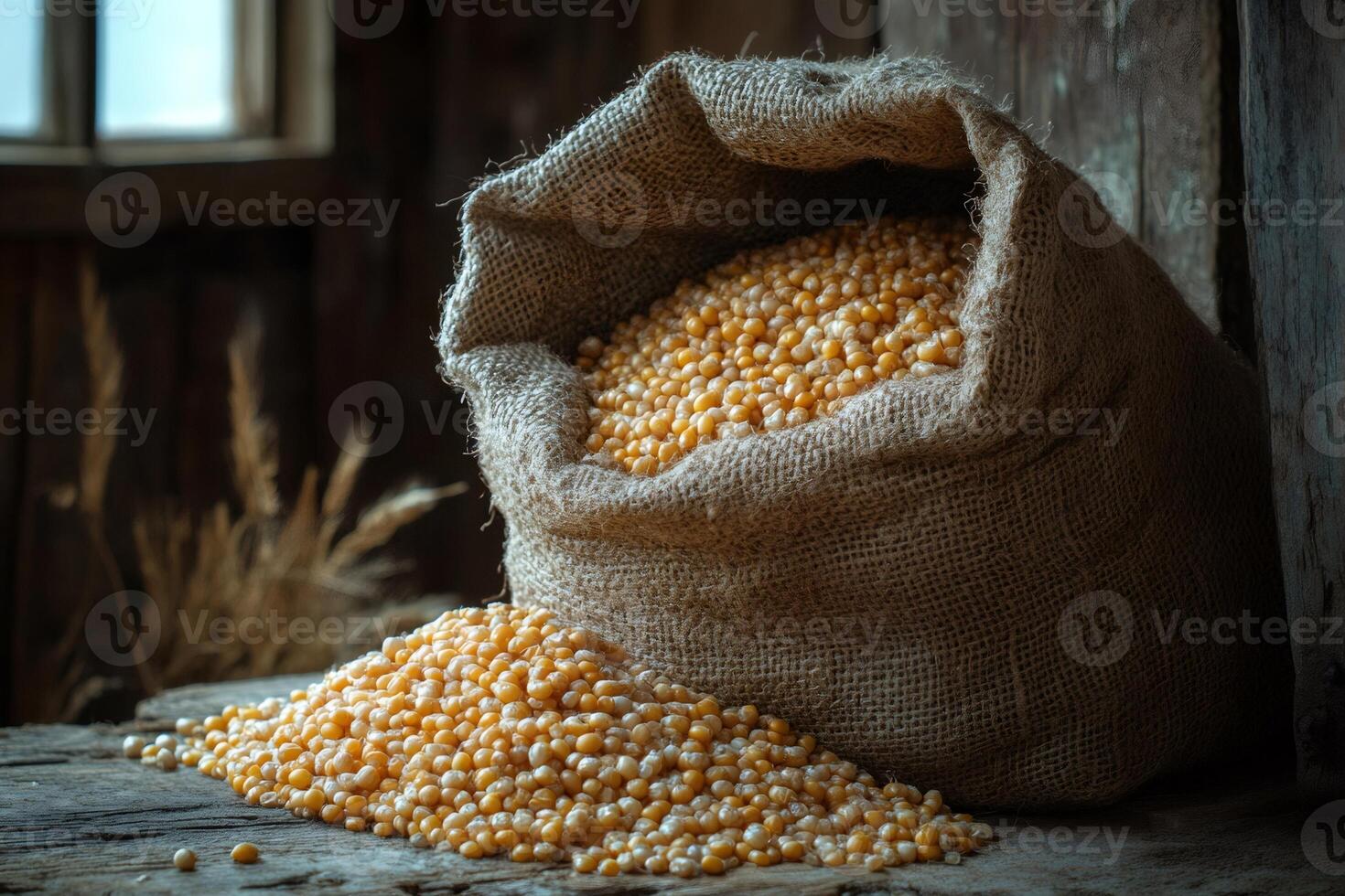 Dried corn kernels spilling from burlap sack in rustic barn photo