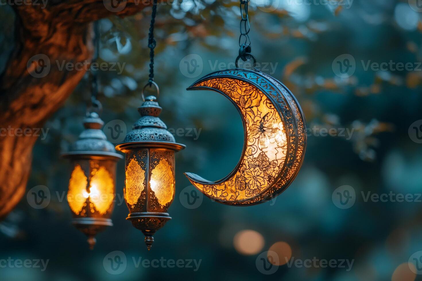 Ornate lanterns and crescent moon hanging from tree branch at night photo