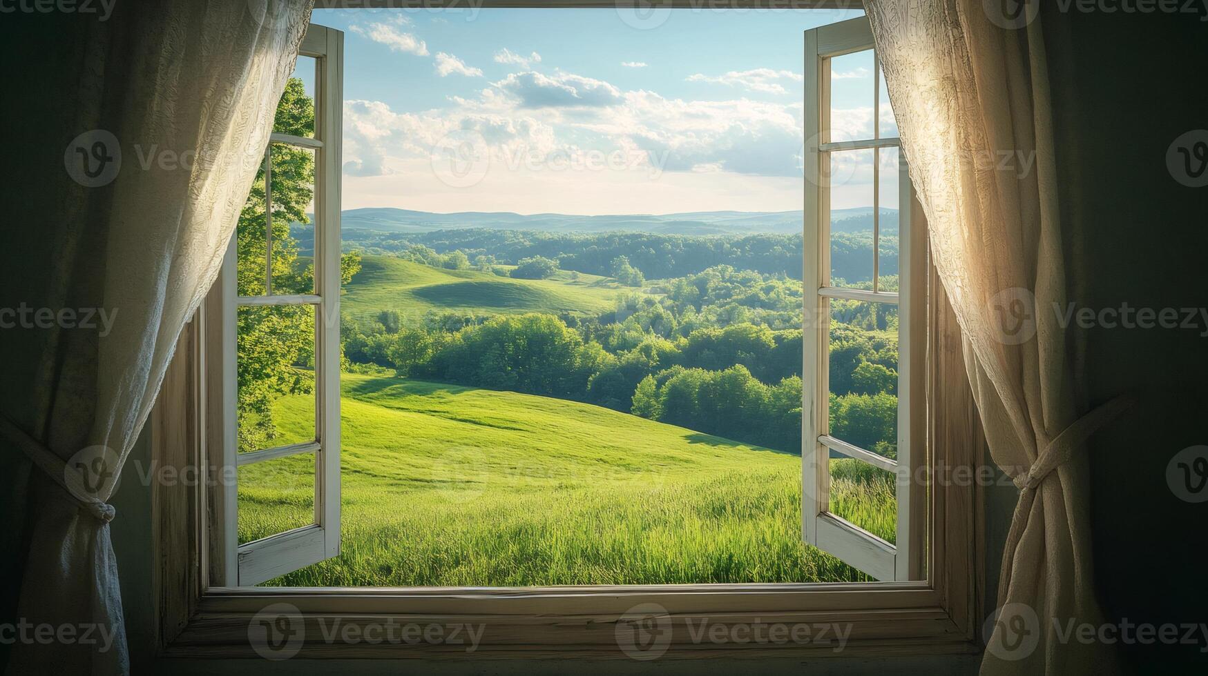 Open window overlooking a beautiful green landscape with trees and hills photo