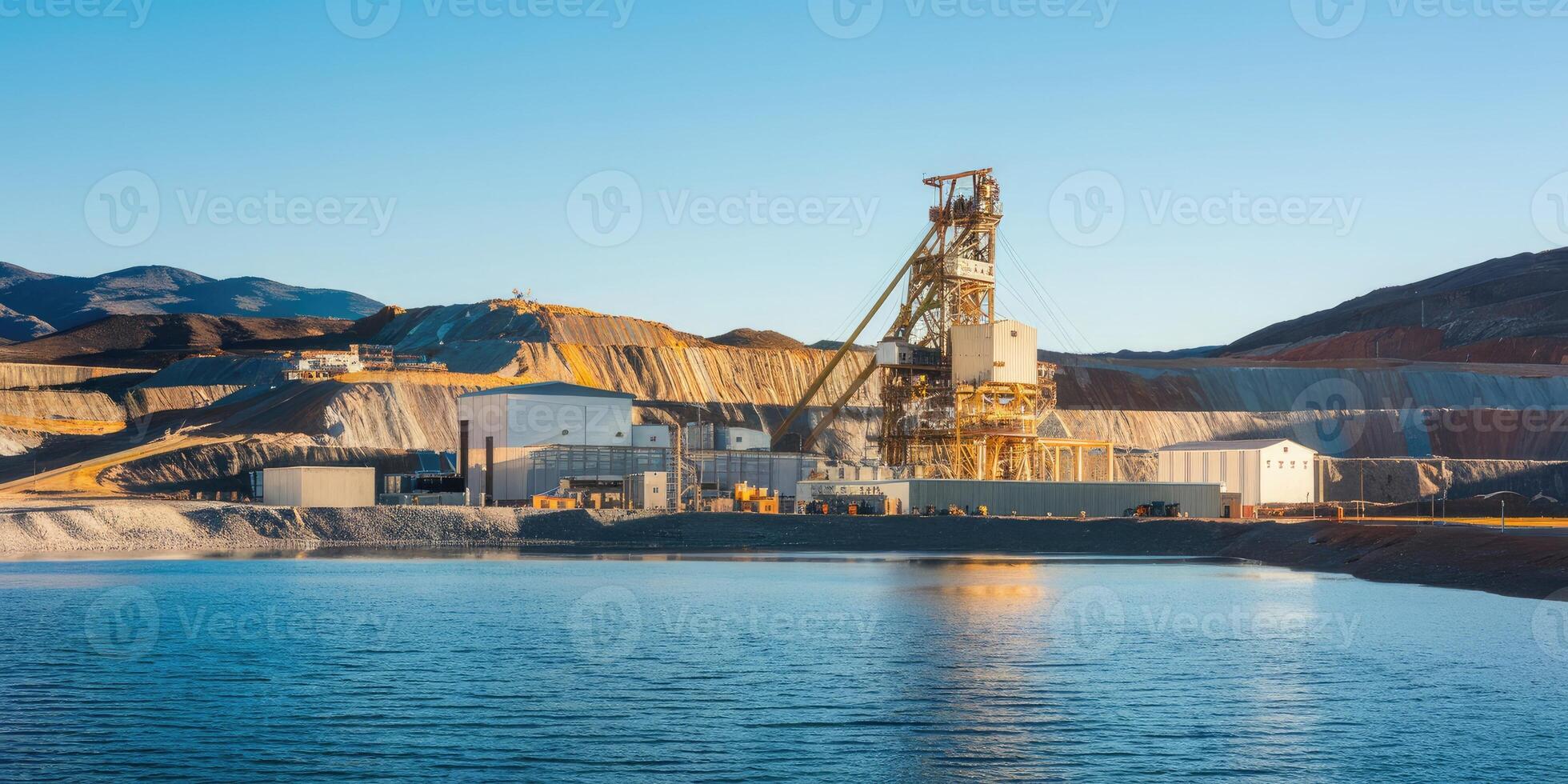 Gold mine processing plant reflecting in tailings pond at sunrise photo