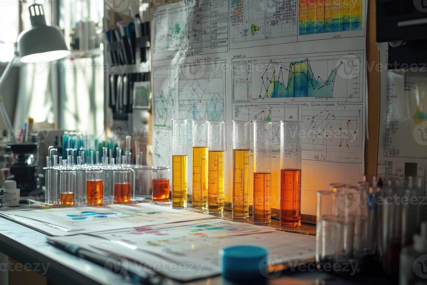 Scientist analyzing test tubes with orange liquid in laboratory with charts displayed on board photo
