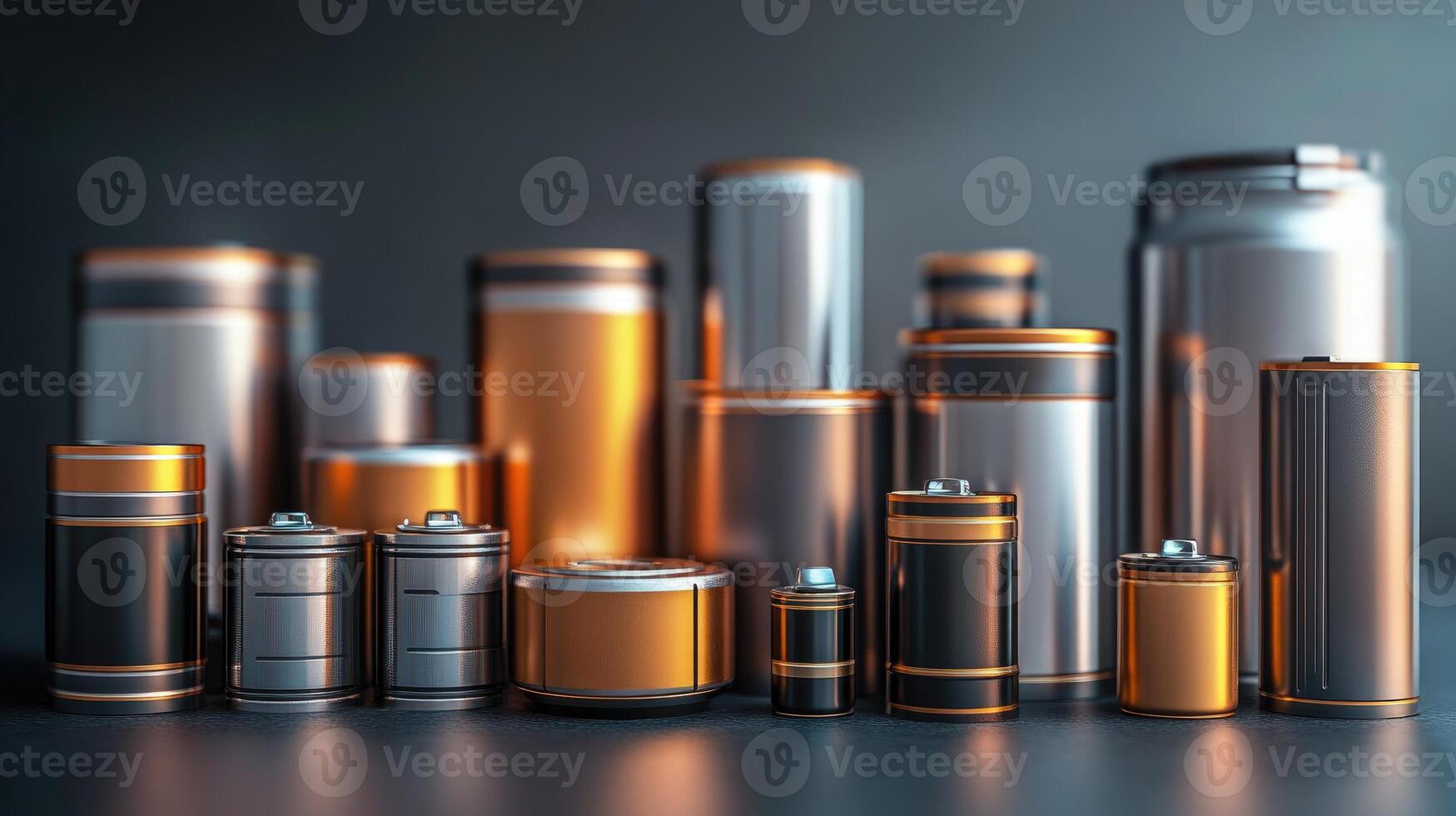 Different size batteries forming a city skyline on dark background photo