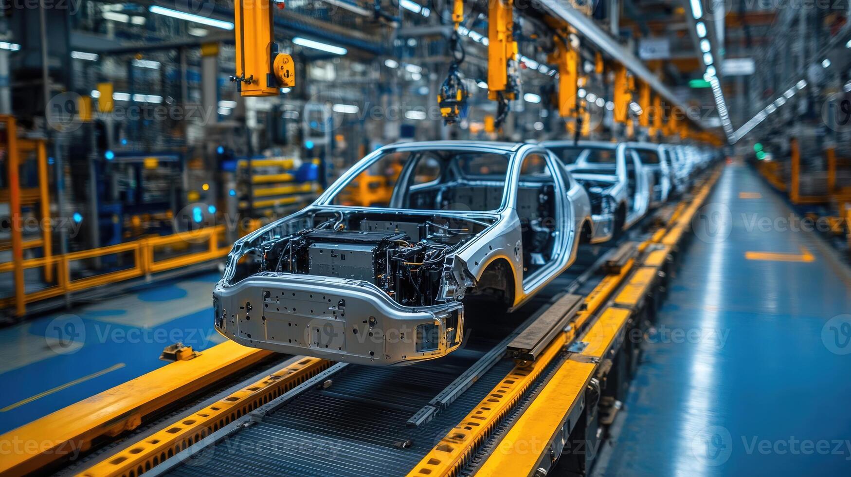 Car bodies moving along the assembly line in a car factory photo