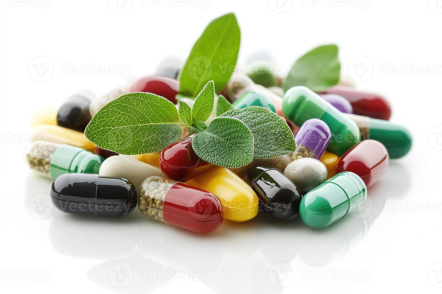 Natural herbal medicine and variety of capsules supplement promoting health photo