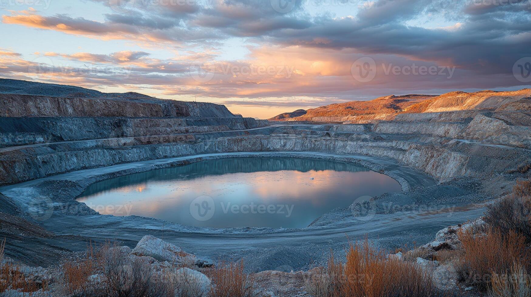 Open pit mine reflecting sunset clouds in turquoise water photo