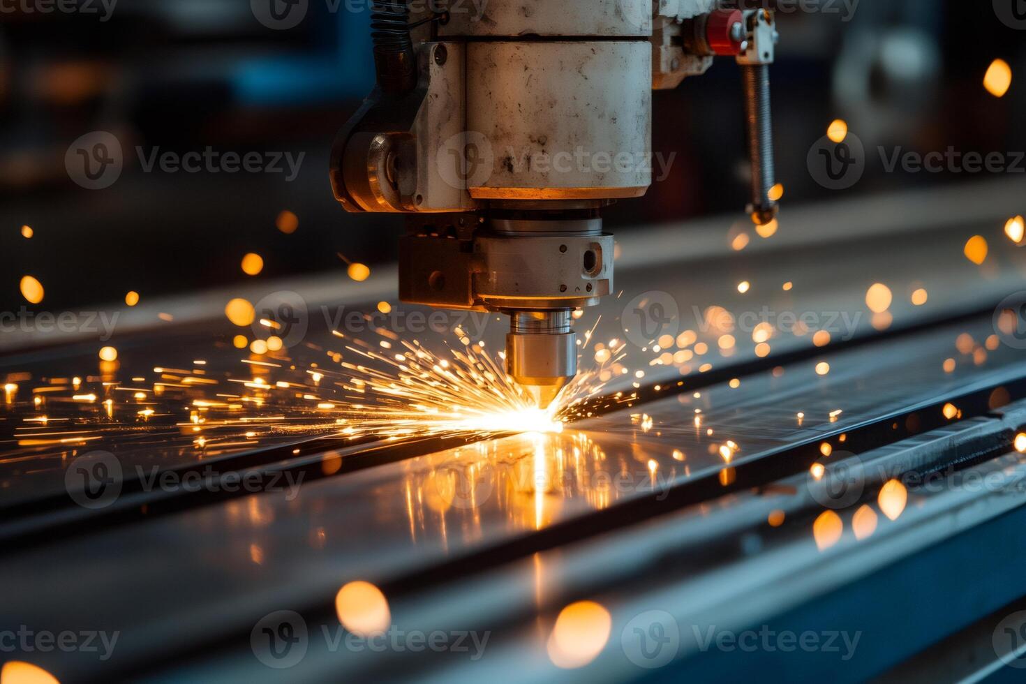 Industrial laser cutter creating sparks while cutting metal sheet photo