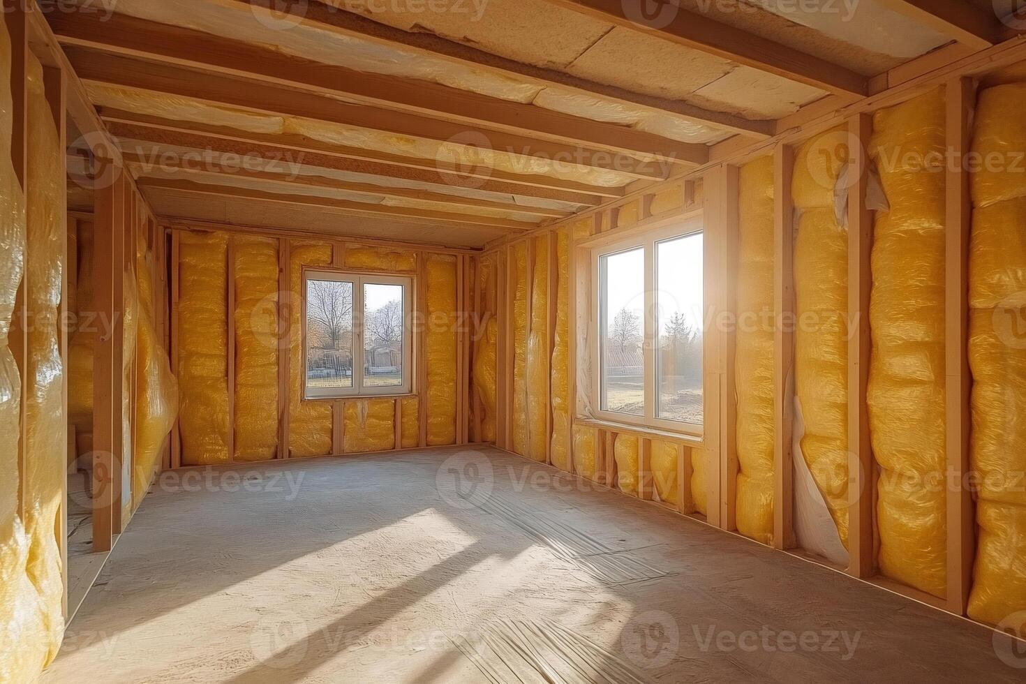 Wooden frame house with mineral wool insulation and sunlight entering through windows photo