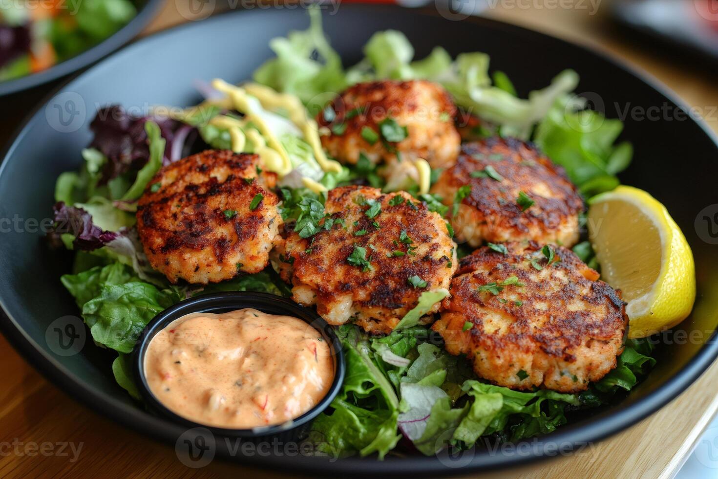 Delicious salmon patties served on bed of fresh greens with dipping sauces and lemon photo