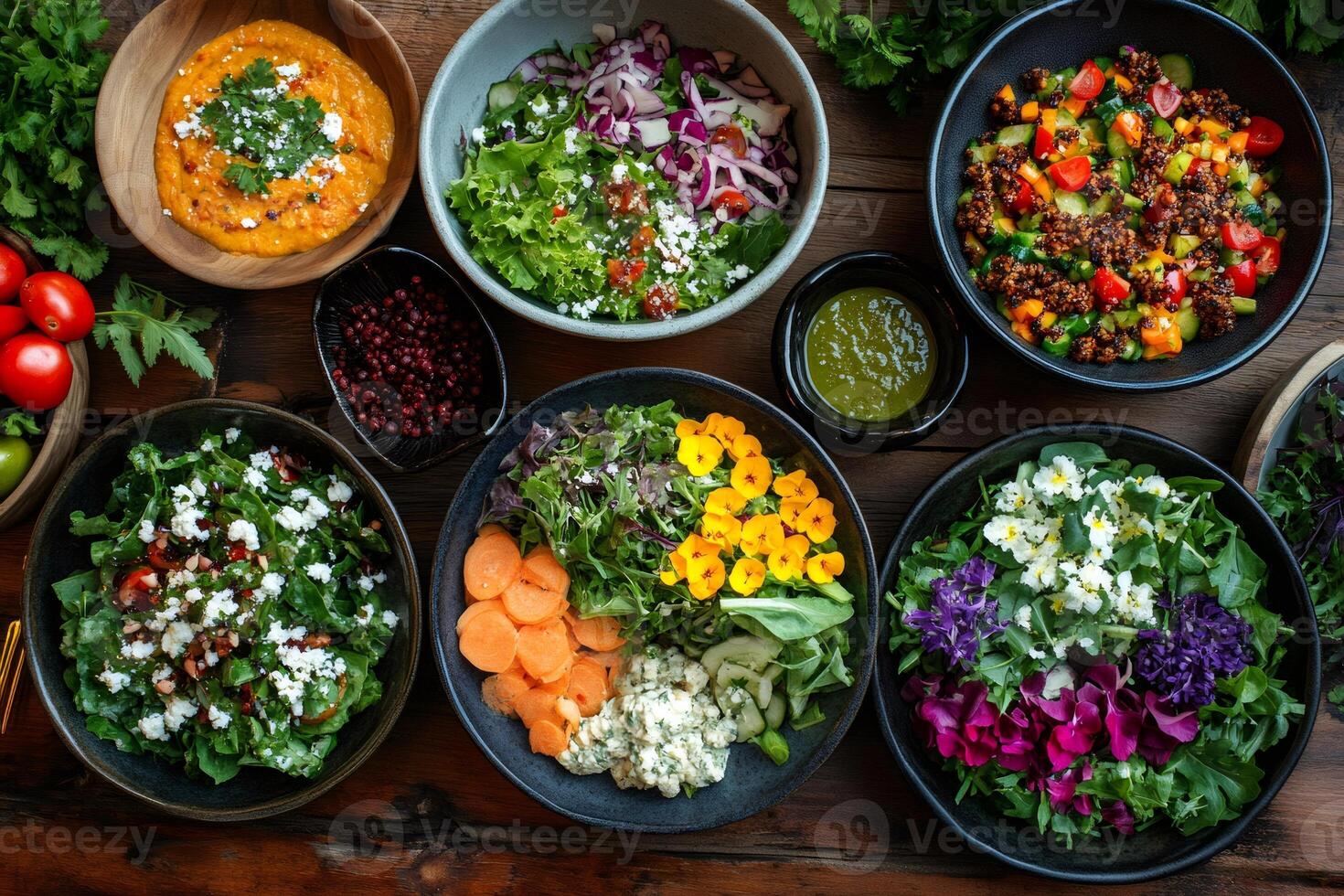Colorful buddha bowls with edible flowers, vegetables, and healthy toppings creating a vibrant culinary experience photo