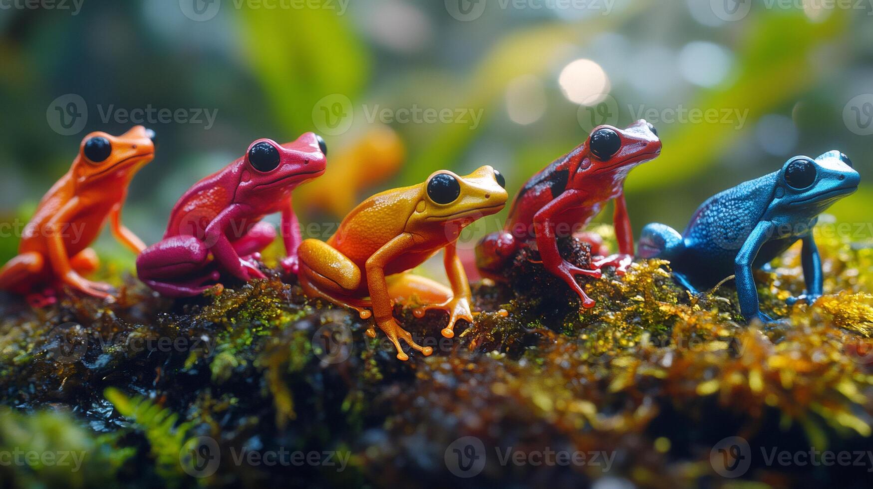 Colorful poison dart frogs resting on mossy surface photo
