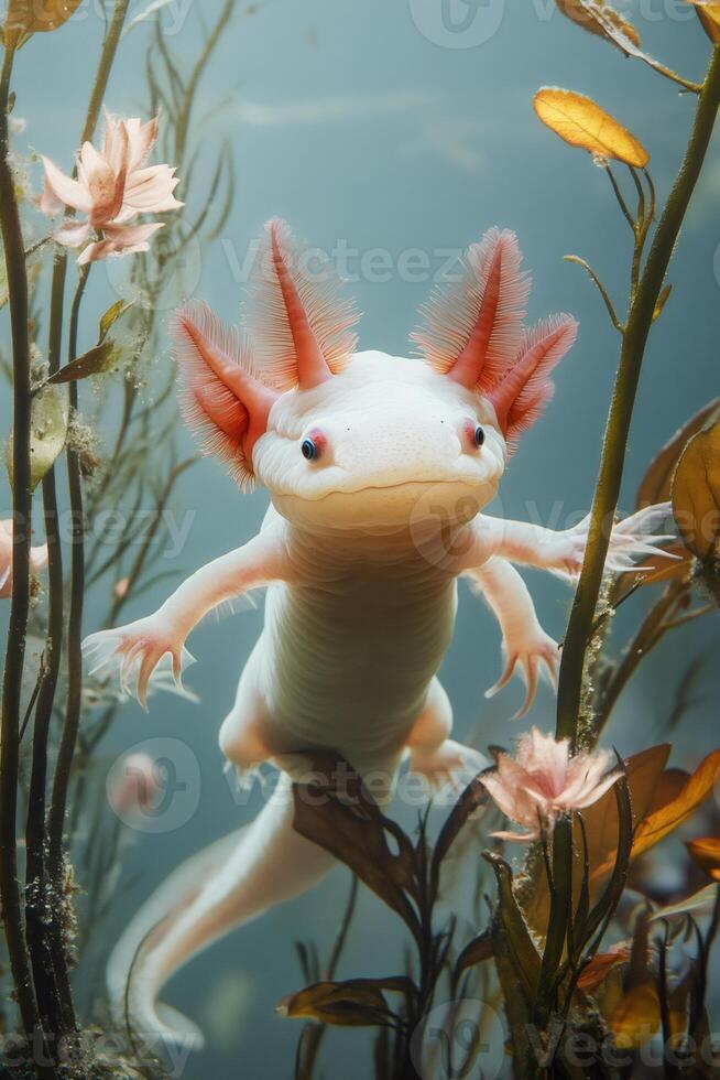 Leucistic axolotl swimming in freshwater aquarium photo