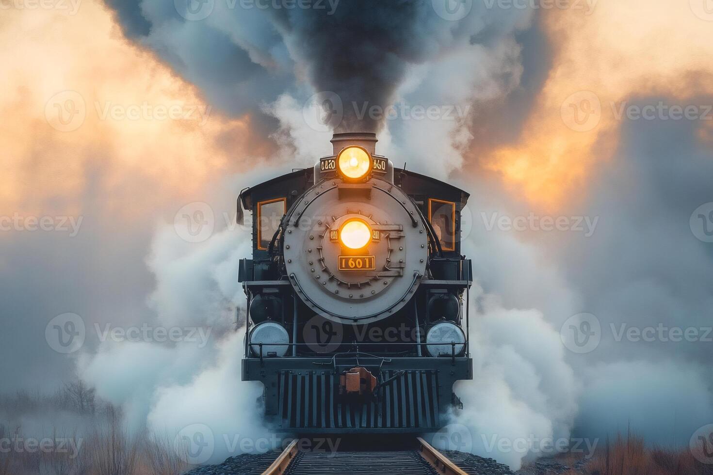 Steam train locomotive 1601 blowing smoke at sunset photo