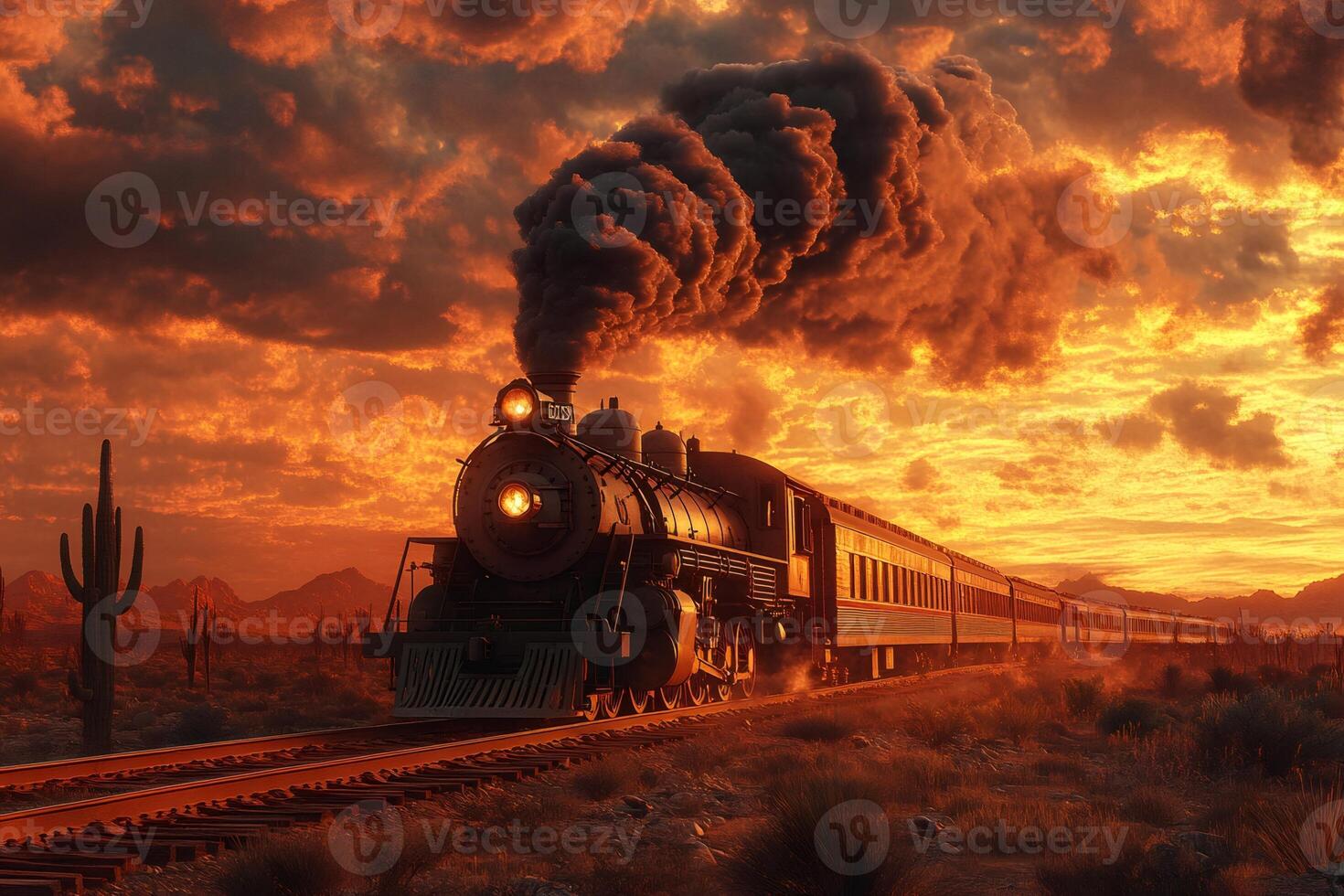 Steam train moving through desert landscape at sunset with cloudy sky photo