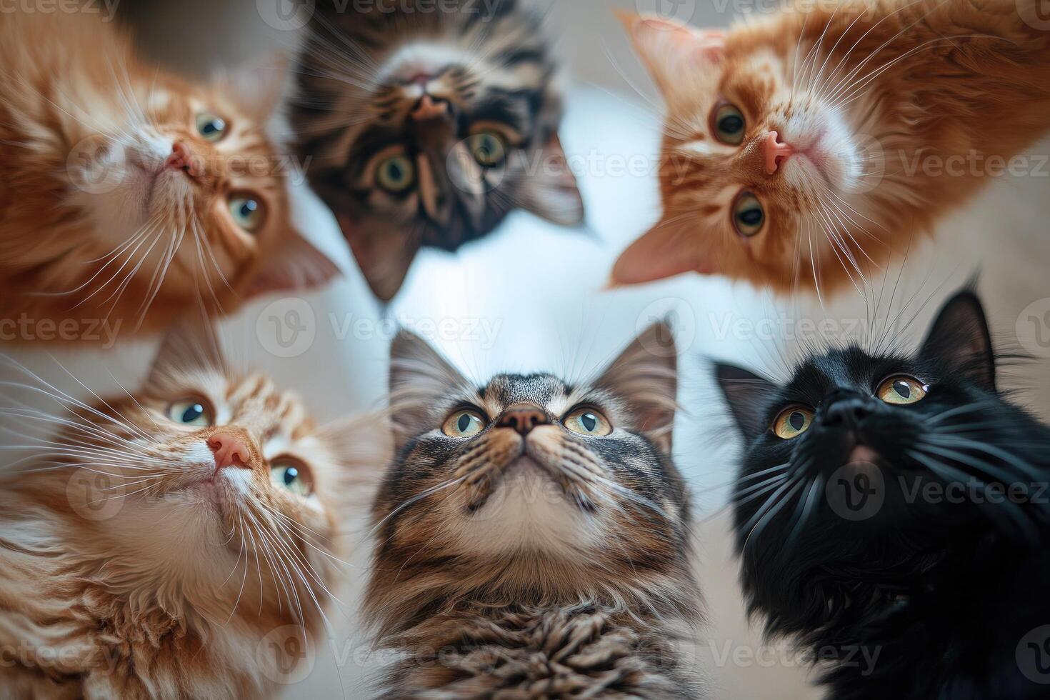Six curious cats looking up in wonder and forming a circle photo