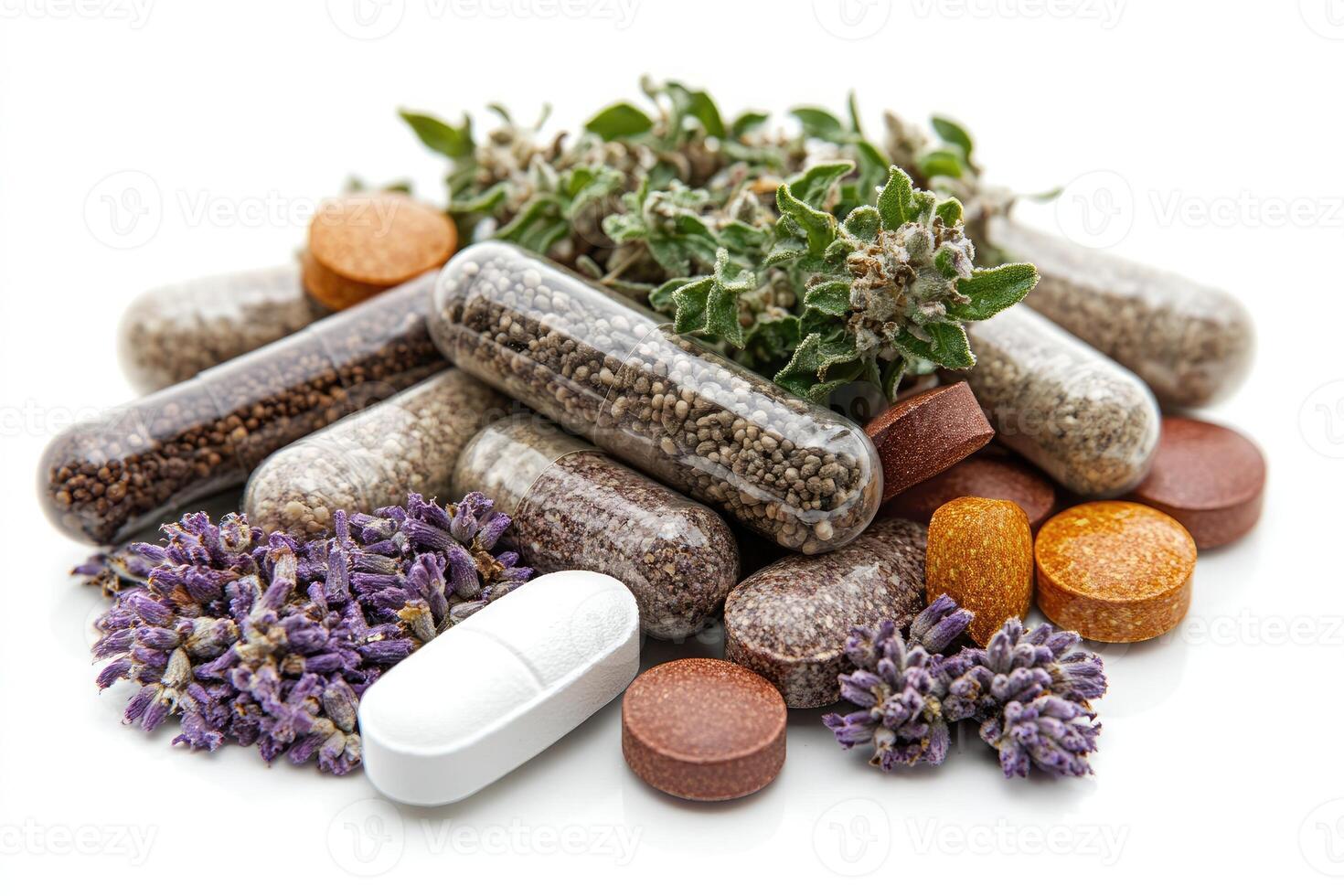 Herbal and natural medicine representing alternative healthcare using capsules and pills photo