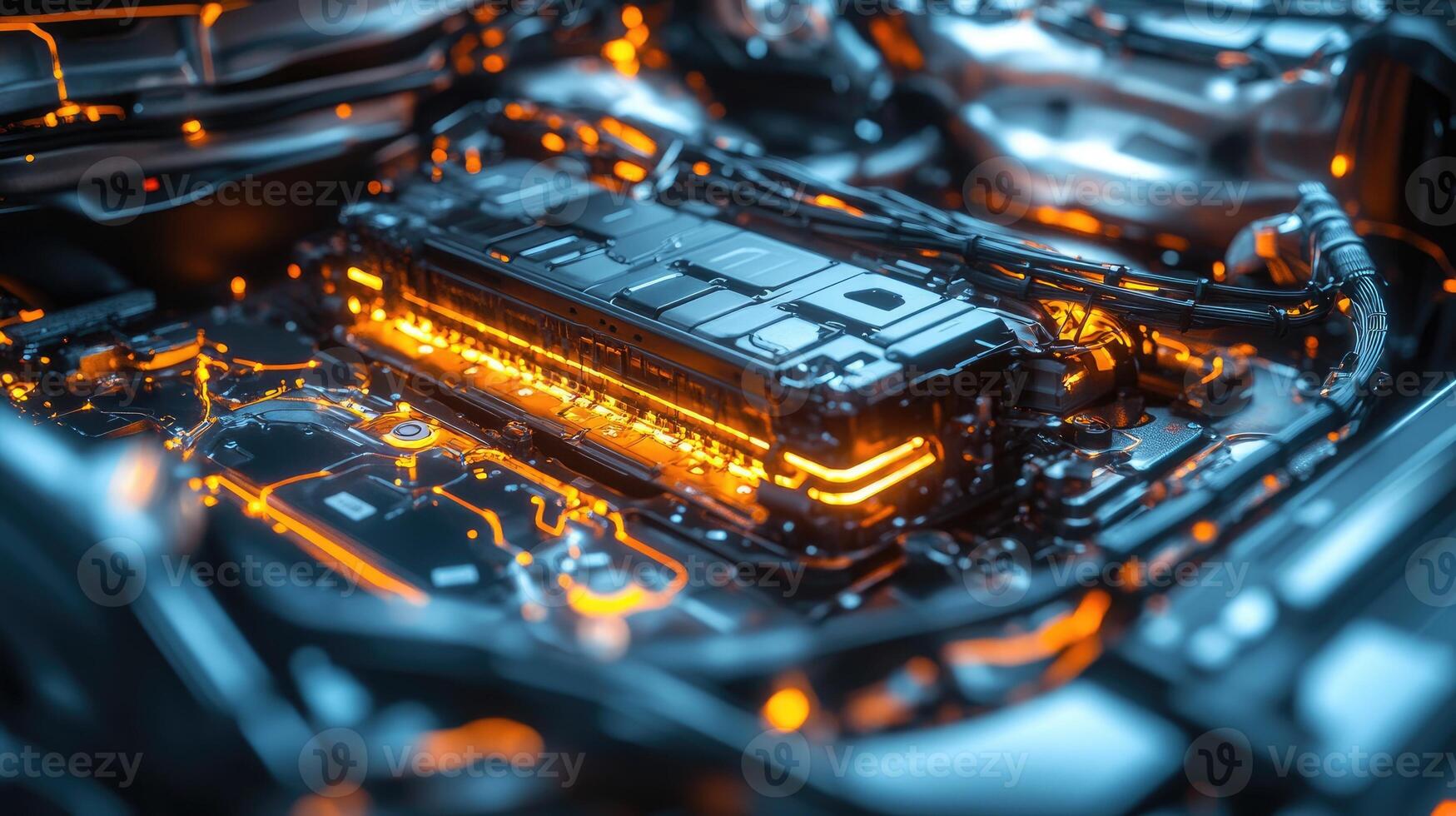 Electric car battery glowing with orange light showing futuristic technology photo