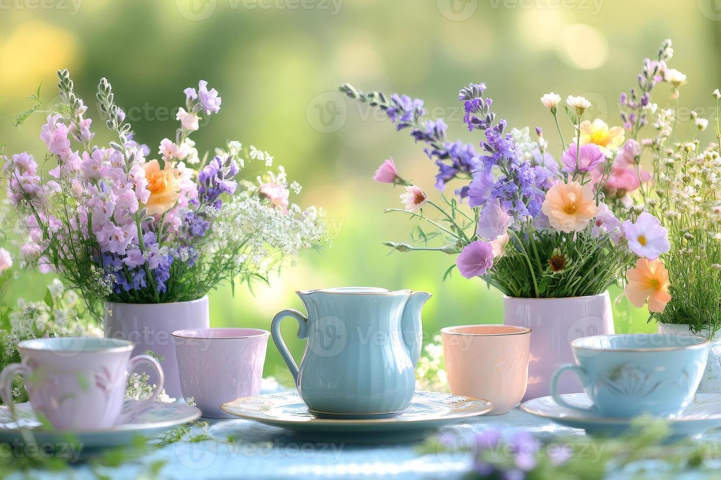 Pastel tea set and flowers creating a charming garden party scene photo