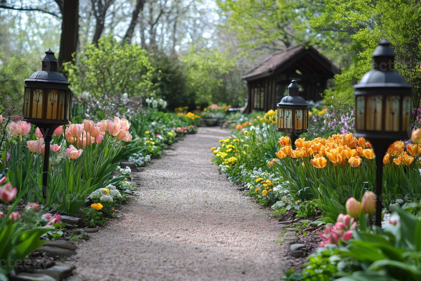 Gravel path winding through lush garden with blooming tulips and decorative lanterns photo