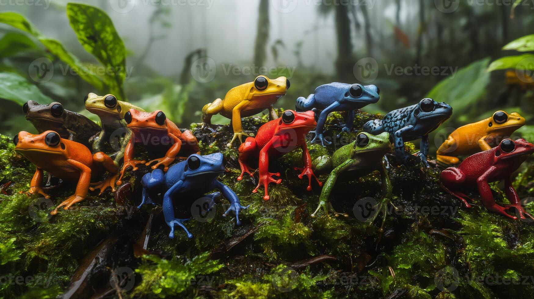 Colorful poison dart frogs posing on mossy surface in rainforest photo