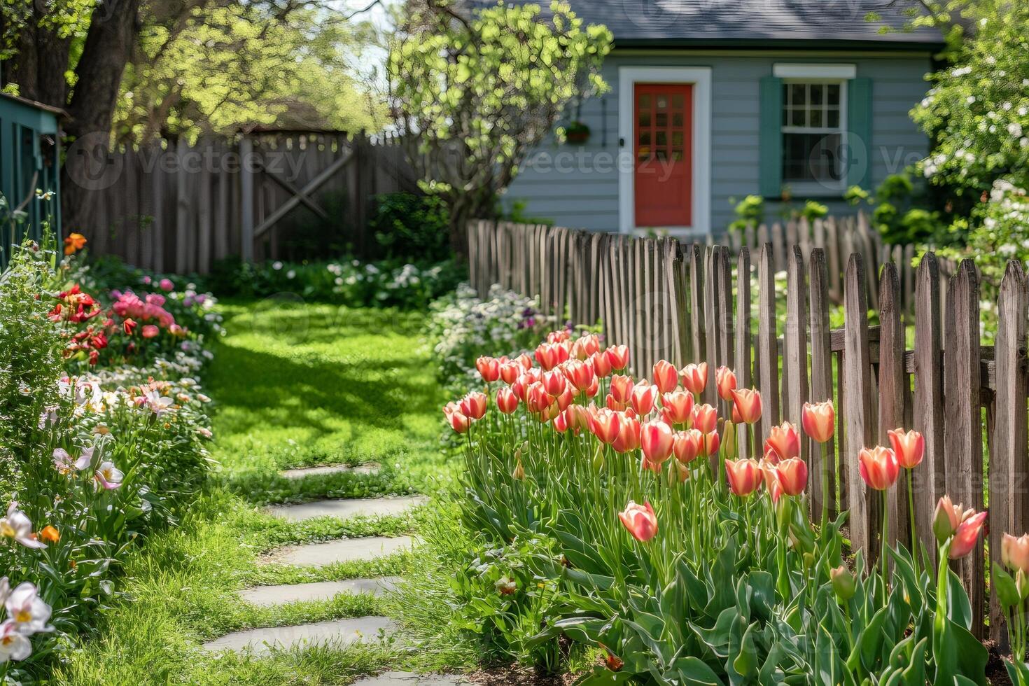Blooming tulips adding beauty to lush spring garden by rustic fence photo