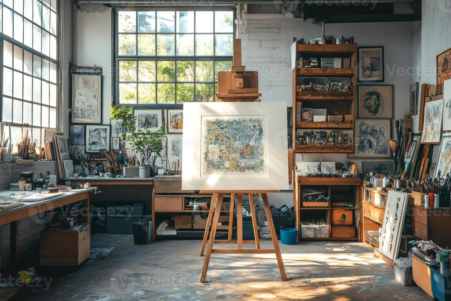 Painting on easel displayed in sunny art studio with artistic mess photo