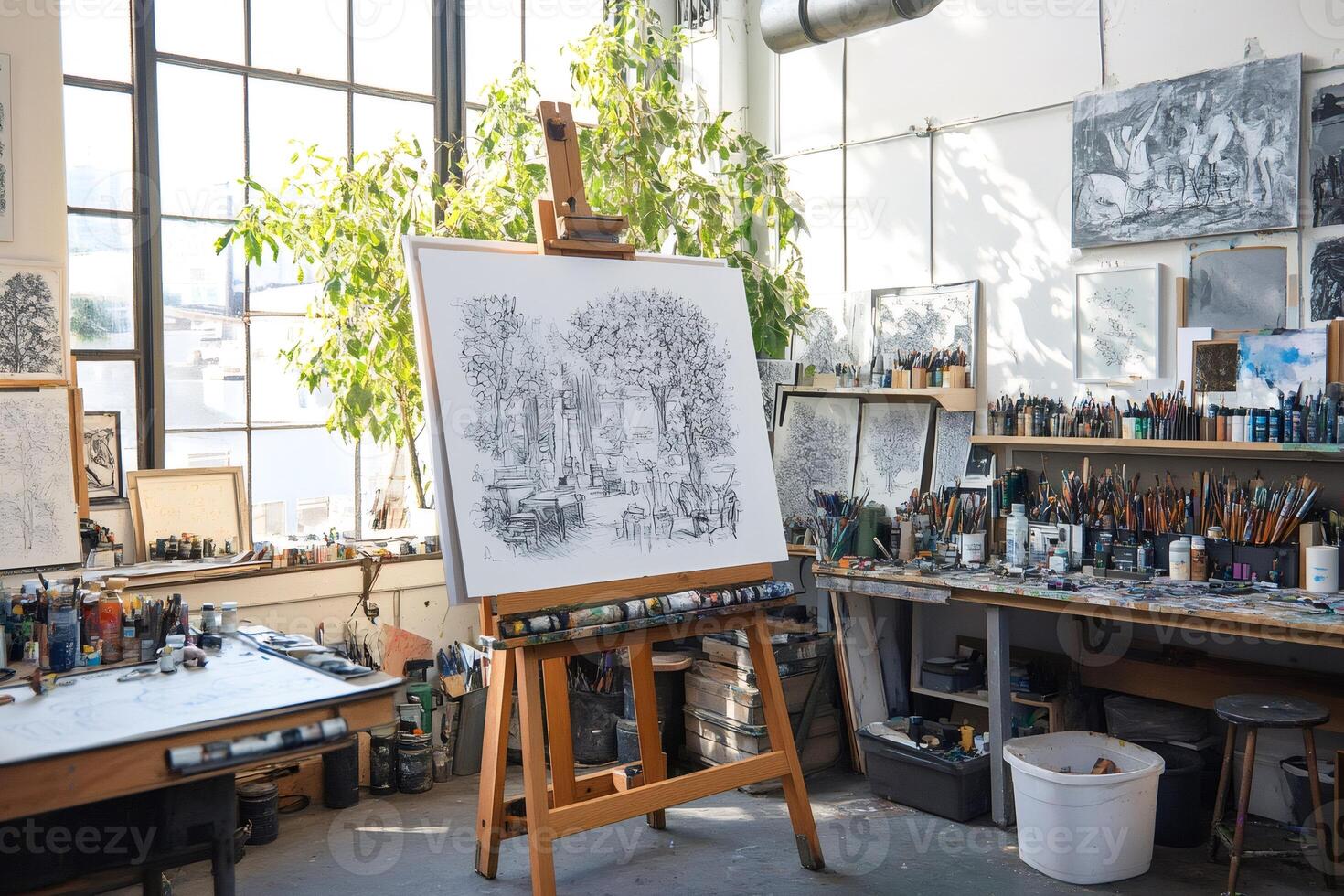 Painting on easel depicting a garden in an artist's studio full of art supplies photo