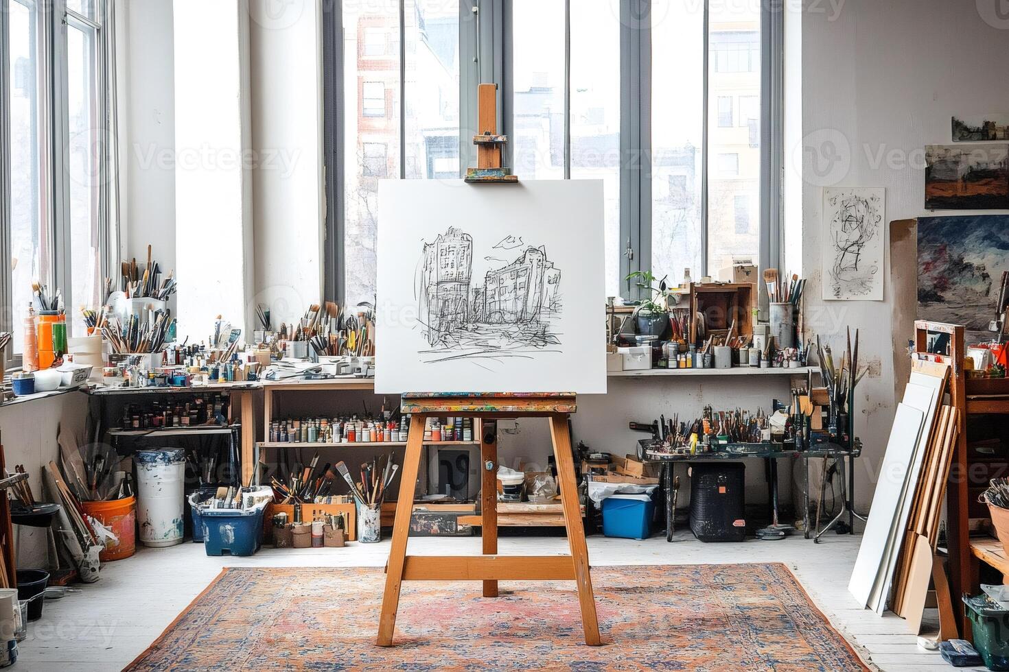 Cityscape sketch resting on easel in artist's messy studio photo