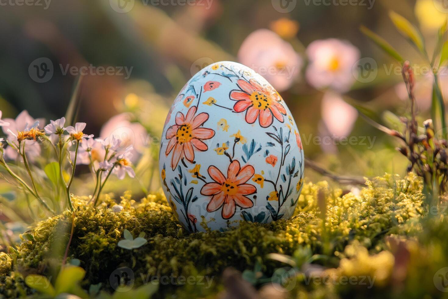 Easter egg decorated with flowers resting on moss in a meadow photo