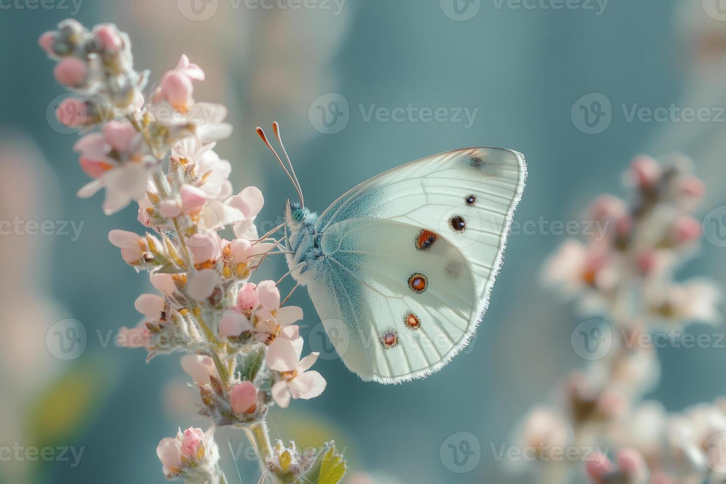 Delicate white butterfly perched on pink flowers in soft sunlight photo
