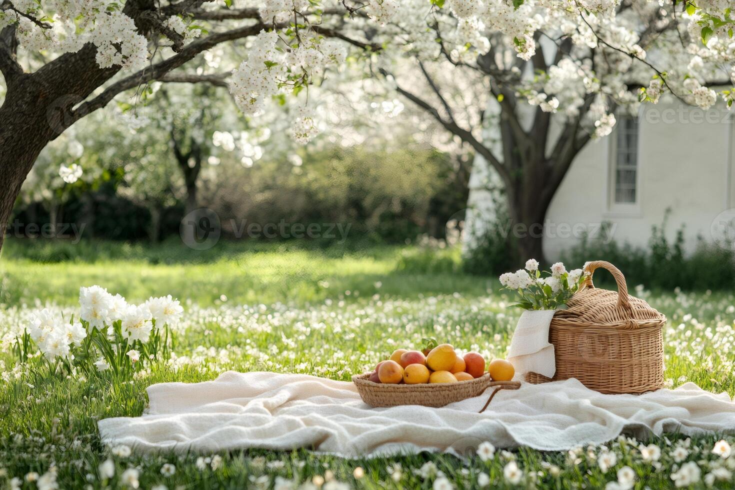 Picnic basket and fruits waiting on blanket under blossoming trees photo