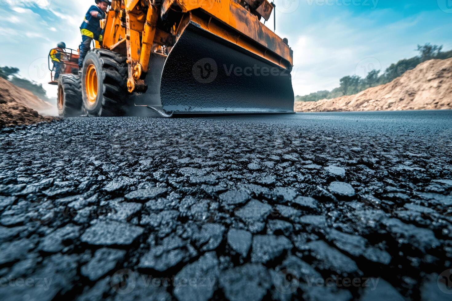 Asphalt paving machine applying fresh asphalt on road surface photo