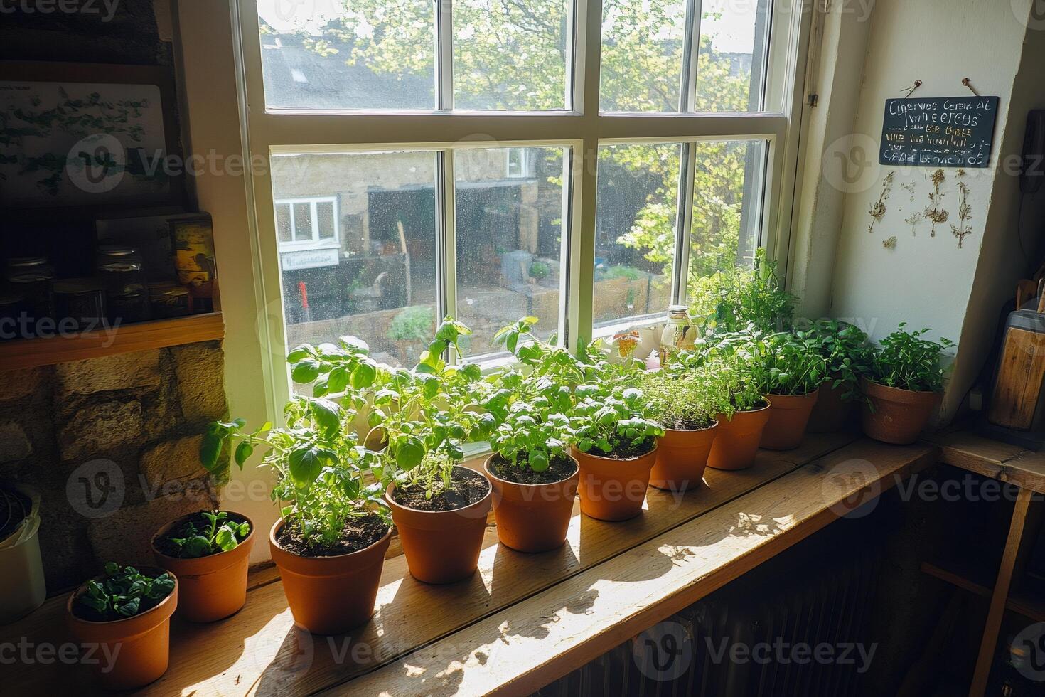 Aromatic herbs growing on windowsill in rustic kitchen photo