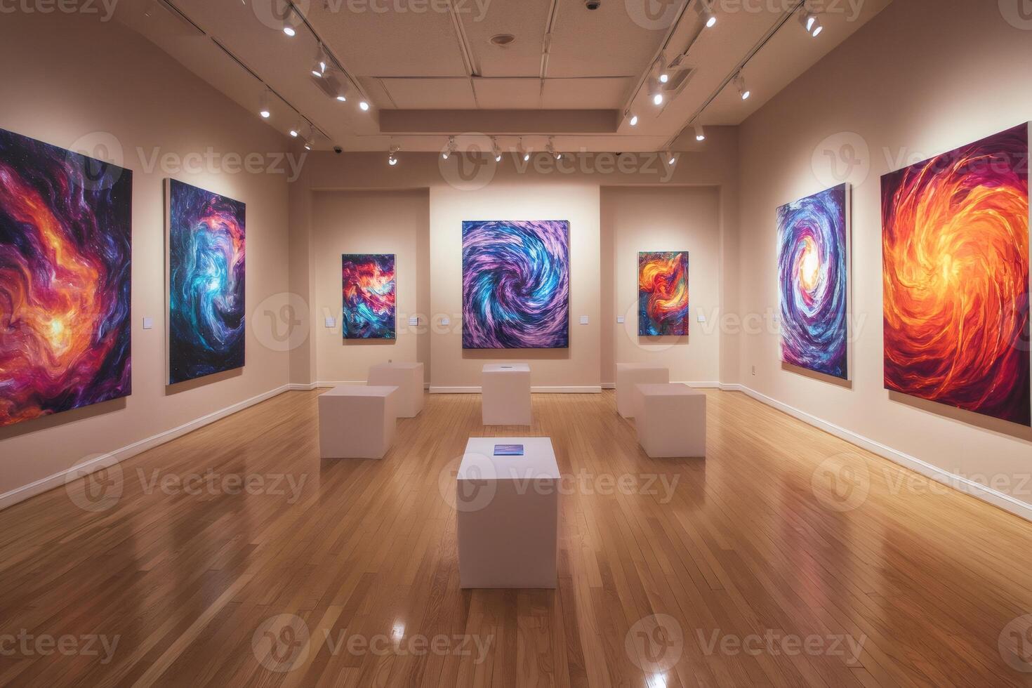 Modern art gallery showing colorful abstract paintings of space and nebulae photo