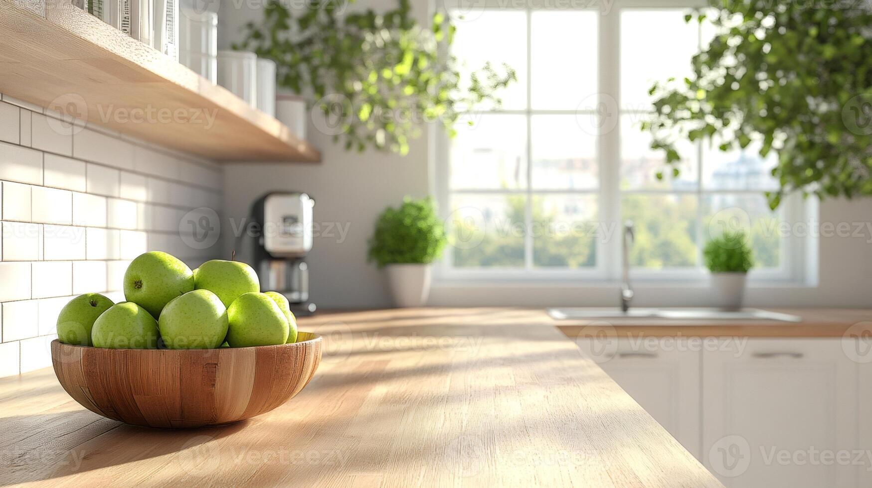 Green apples sitting in wooden bowl on kitchen countertop in modern home photo