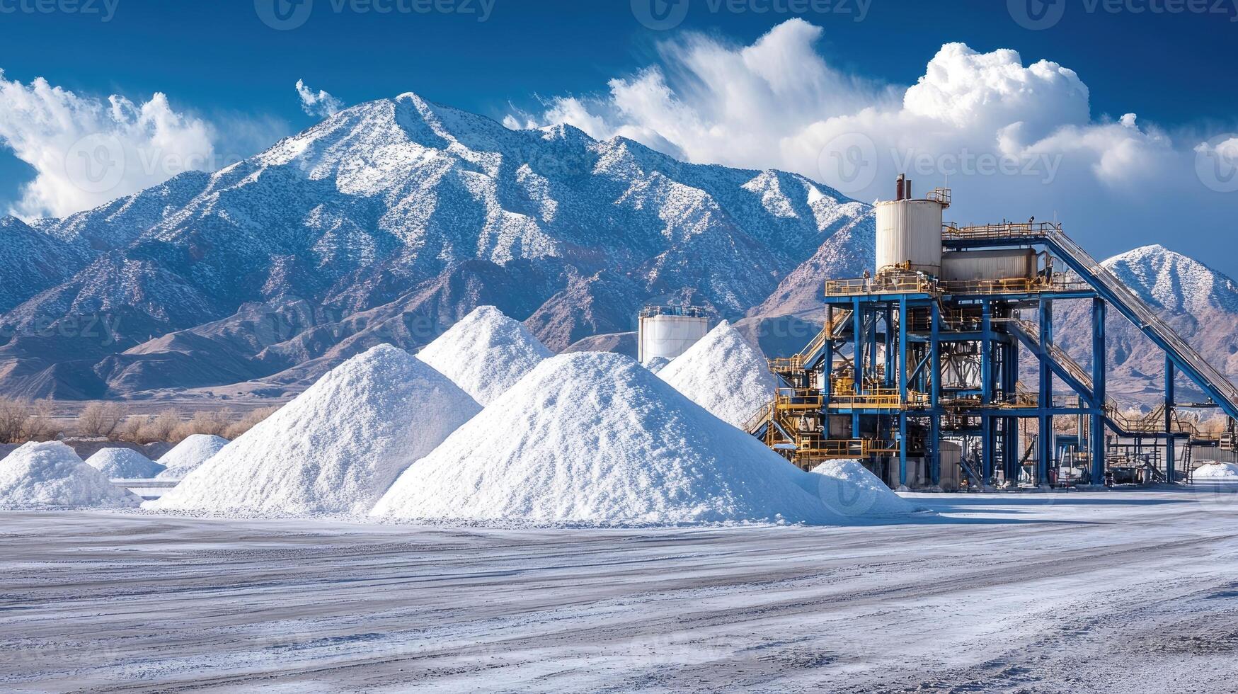 Lithium extraction plant in snowy salt flat. photo