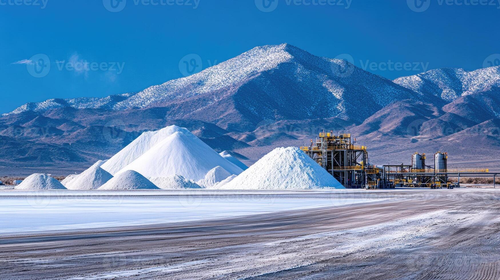 Piles of lithium carbonate ready to be processed in a lithium plant near the mountains photo