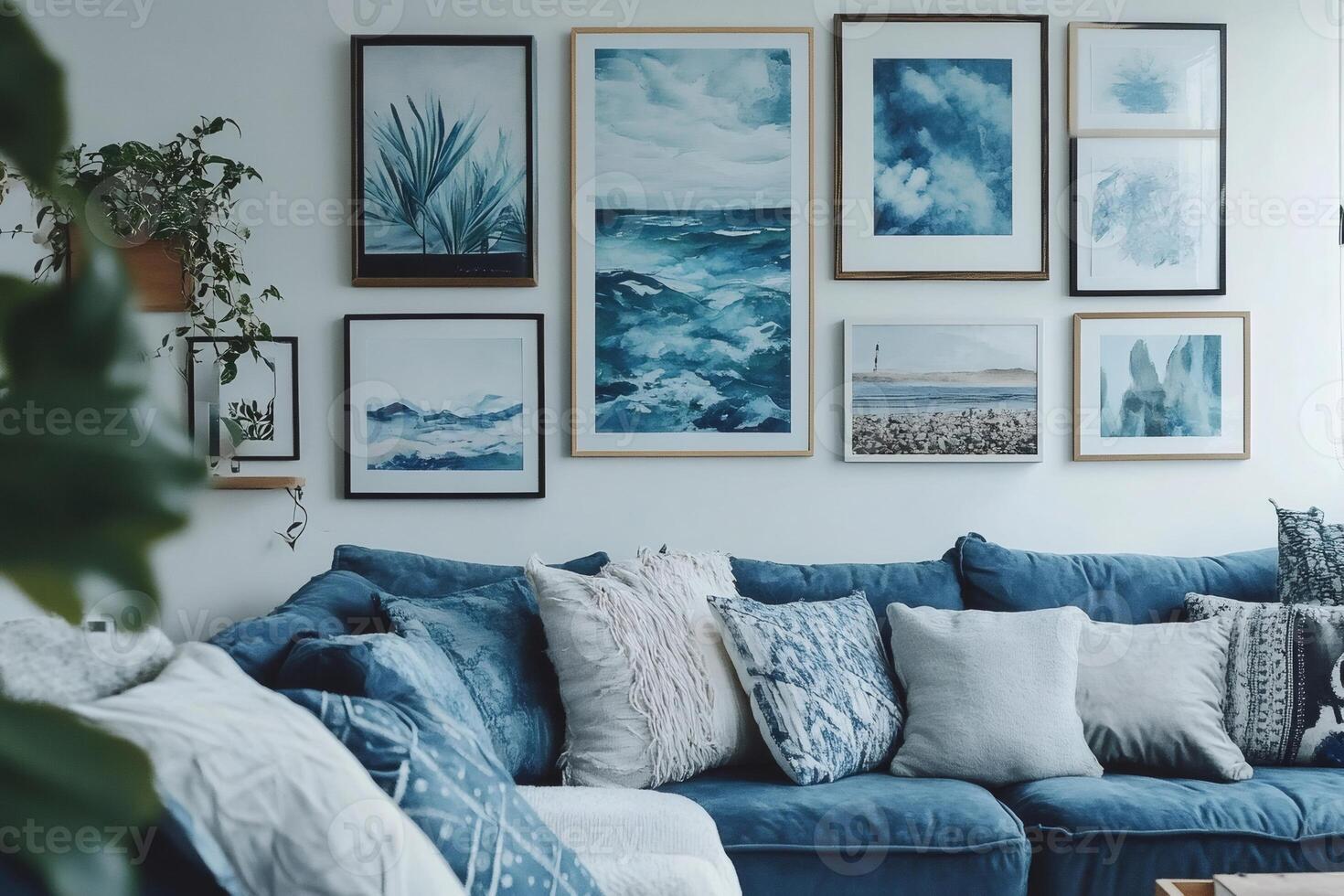 Modern blue living room showing ocean and wave paintings matching with sofa and pillows photo